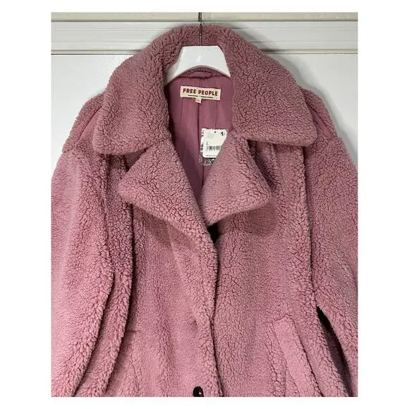 Free People Joplin Faux Fur Cozy Teddy Jacket Smoked Pink Size Large NWT Slouchy